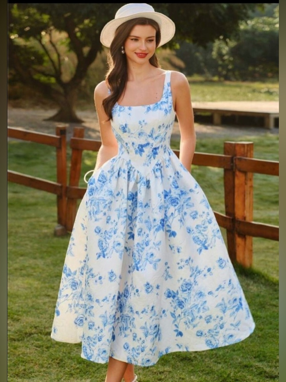 $25 Blue Floral Square-Neck Midi Dress - Elegant Women's Summer Dress New $25 - Picture 5 of 8